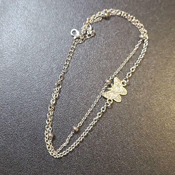 14K Silver Plated Butterfly Layered Anklet 8.5in to an adjustable 10.5in - Picture 3 of 4
